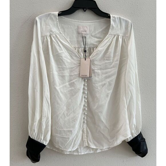 Cinq à Sept Francis Silk Blouse Faux Leathers Cuff Button Front Ivory/Black - Picture 14 of 16